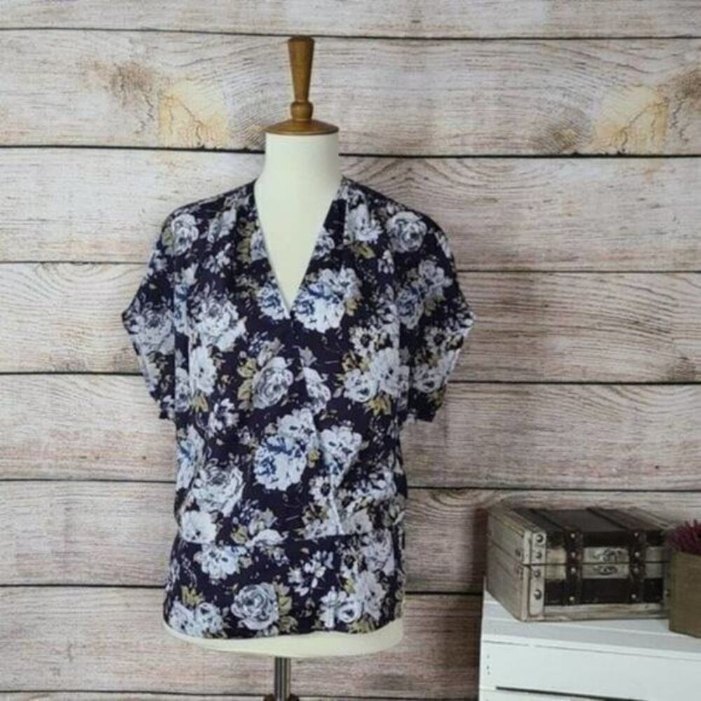 Pleione Womens Floral Print Blouse Top Size XS Dark Purple V Neck Faux Wrap